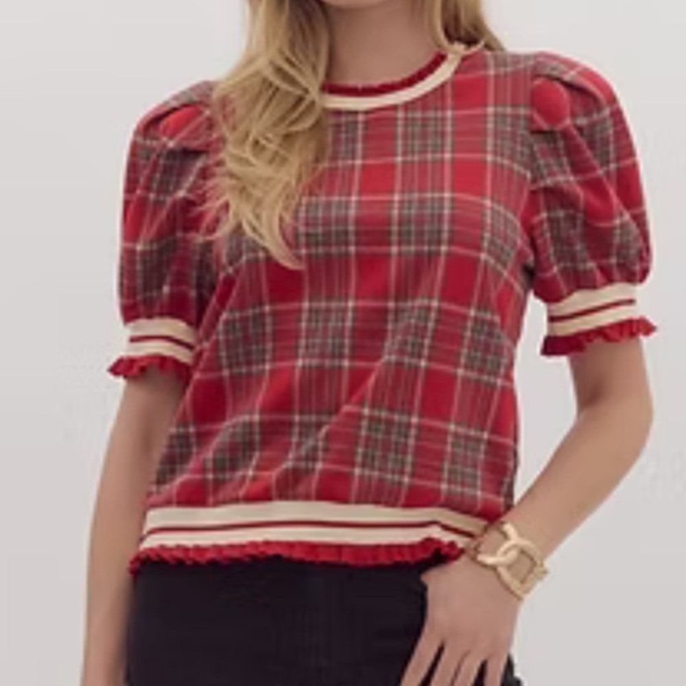 Entro Short Sleeve Red and Cream Plaid Ruffle Trim Top